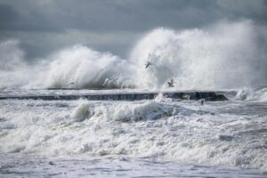 Scientists Warn 2026 El Niño Could Be the Strongest in 155 Years Powerful ocean waves crash with seabirds soaring at Saint-Pair-sur-Mer, France.