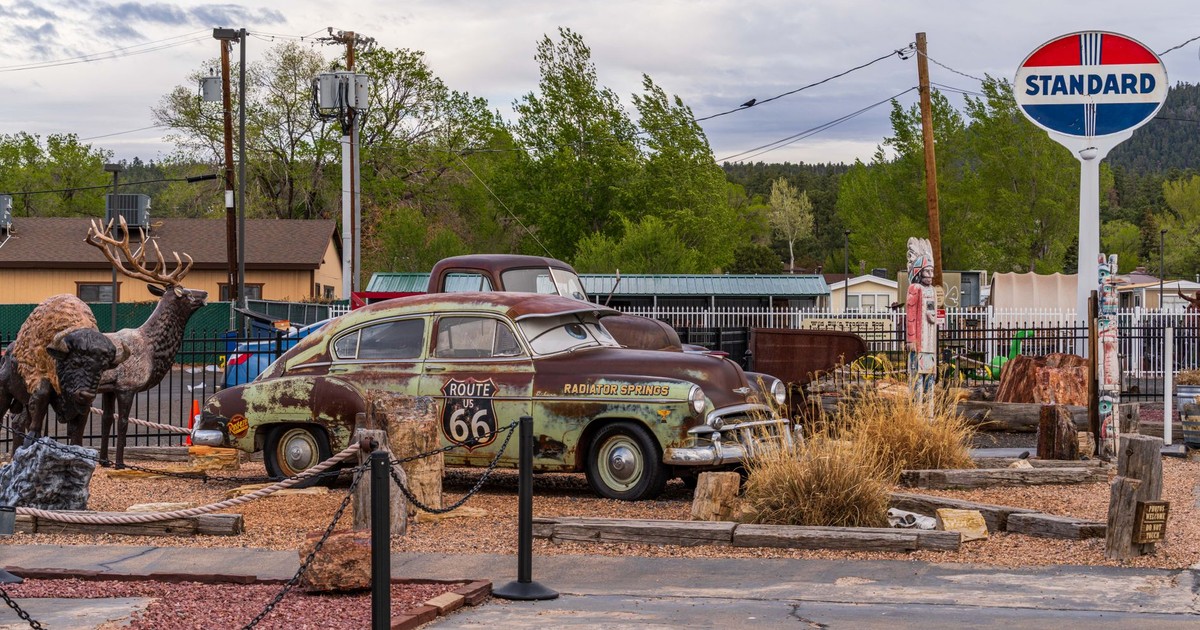 Explore the nostalgic Route 66 car display in Williams, Arizona, capturing vintage automobile culture.