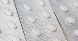 Blister packs of Cetrizine tablets. Antihistamine medication for sale at a drugstore or pharmacy.