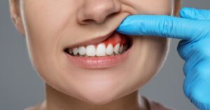 A Fasting Mimicking Diet Reduced Gum Disease — Here's What the Trial Found Doctor examining woman's inflamed gum on grey background, closeup