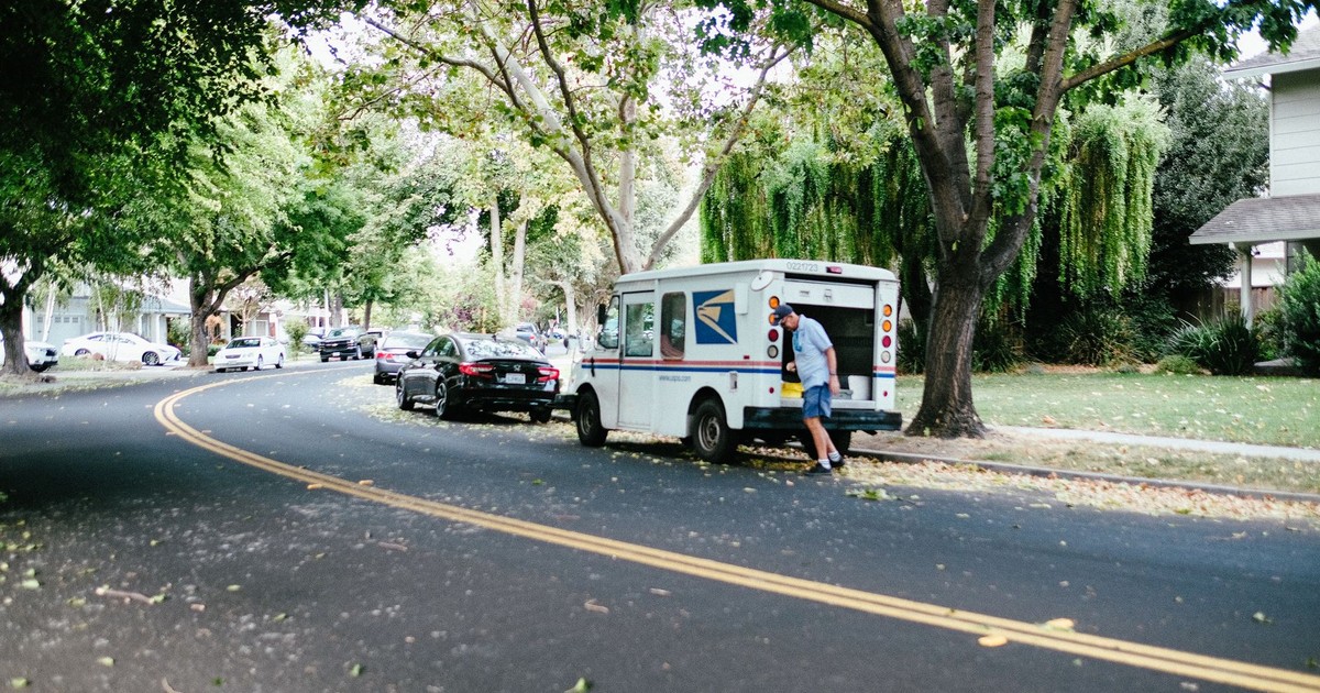 A US mail carrier retrieves packages from a postal van on a peaceful tree-lined street.