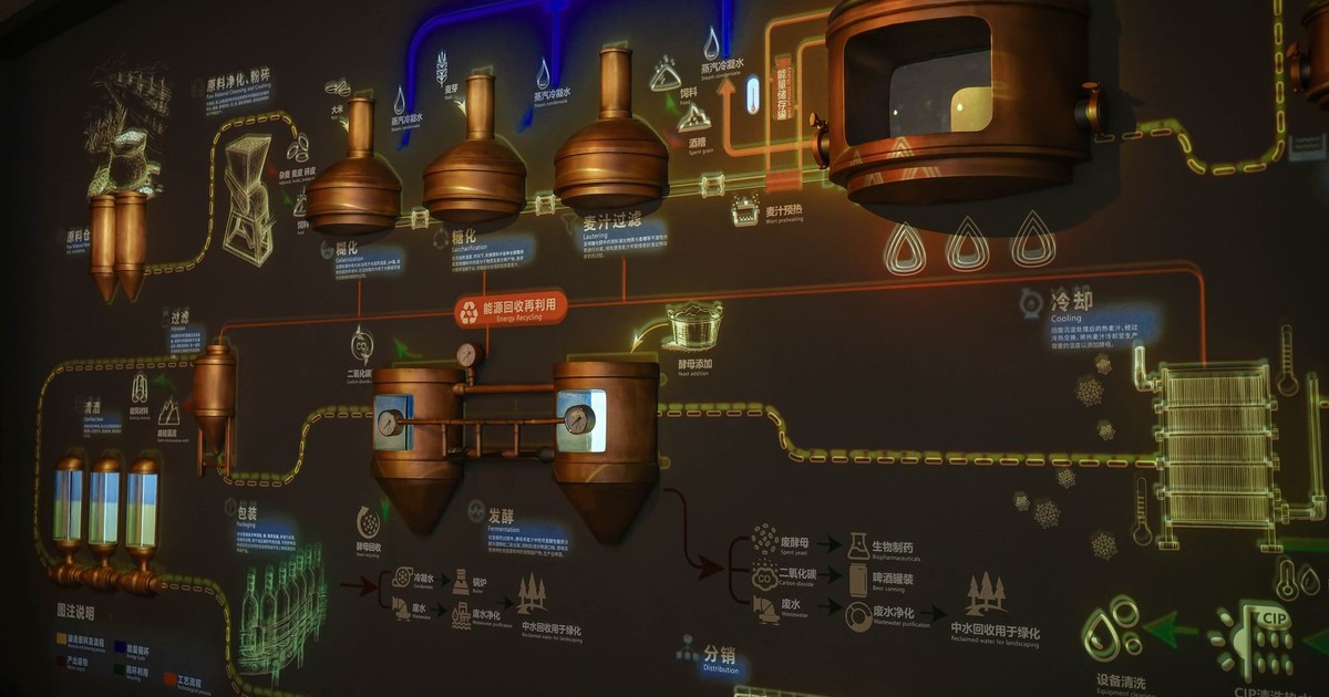 A detailed illuminated wall display showing the brewing process in a brewery.