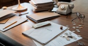 This 401(k) Tax Rule Change Is Already Affecting Retirees' Bills Close-up of an office desk with tax documents, coins, glasses, and an old phone, symbolizing finance and organization.