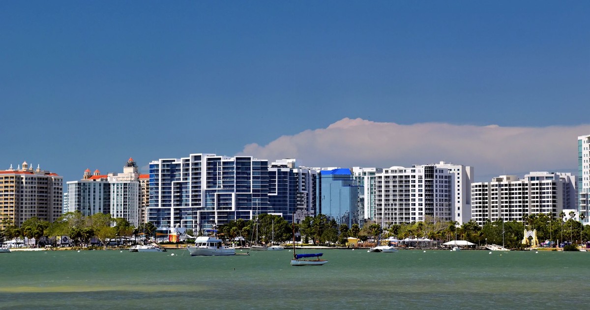 Panoramic view of Sarasota, Florida skyline against a blue sky, featuring modern architecture and waterfront.
