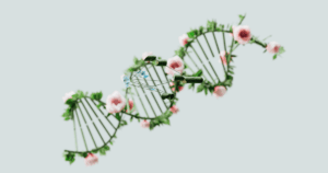 A conceptual representation of a DNA helix adorned with pink flowers and green leaves.
