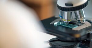 Detailed view of microscope slide setup, essential for biological research.