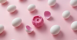 A unique pink brain-shaped candle surrounded by white eggs on a light pink backdrop, depicting creativity and contrast.