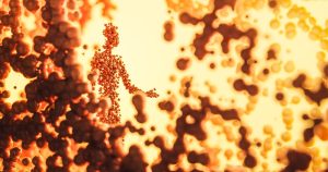 3D rendered digital artwork featuring an abstract human form composed of orange molecules.