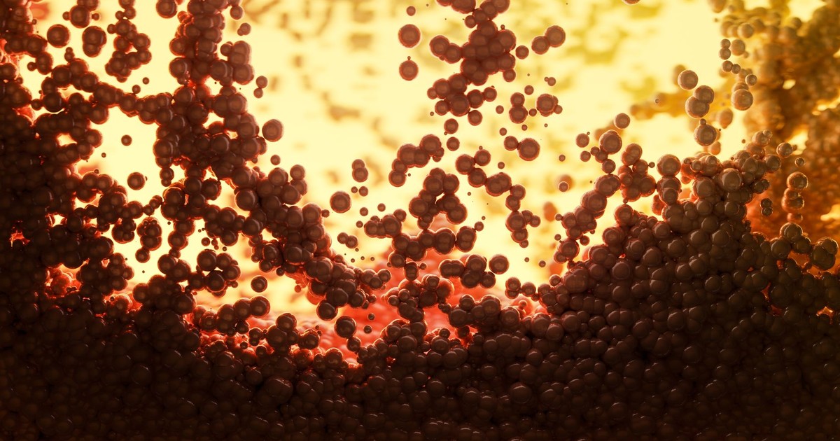 Dynamic abstract image of molecules with vibrant warm tones, highlighting scientific visualization.
