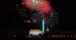 Spectacular fireworks over Lincoln Memorial and Washington Monument in Washington, DC.