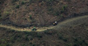 Two vehicles on a mountain road amidst a deforested area, showcasing logging activities.
