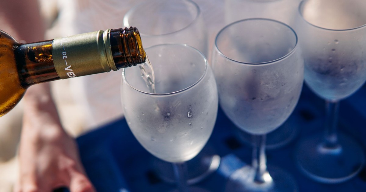 Chilled white wine being poured into frosted glasses, perfect for a summer gathering.