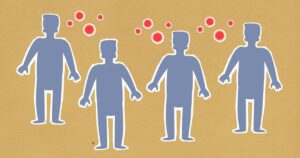 Experts Warn Cyclospora Outbreak Is Just the Beginning- Fear What's Coming Next Paper cutout silhouette of men placed together surrounded by contagious spreading red viruses on brown background during dangerous coronavirus outbreak