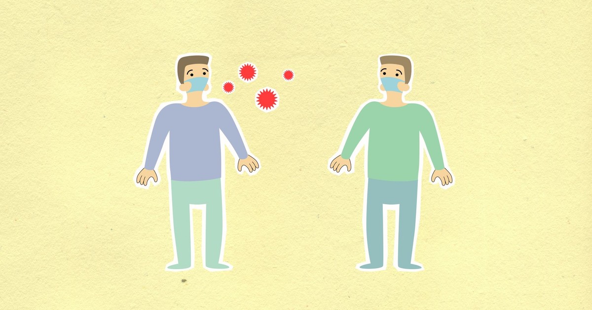 Paper cutout of men in protective masks surrounded with contagious viruses keeping social distancing on yellow background during coronavirus epidemic