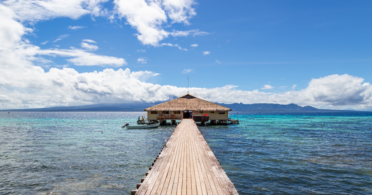 Gizo, Western Province, Solomon Islands - May 14, 2017: Main building of Fatboy's Resort near Gizo in the Solomon Islands.