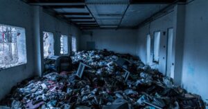 What Americans Really Don't Want to Inherit From Dead Relatives Interior of an abandoned building cluttered with trash and debris, creating a scene of decay and neglect.