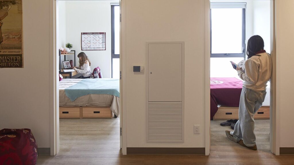 Shared common area in McMaster University’s pod-style student residence, where students have private bedrooms and communal spaces.